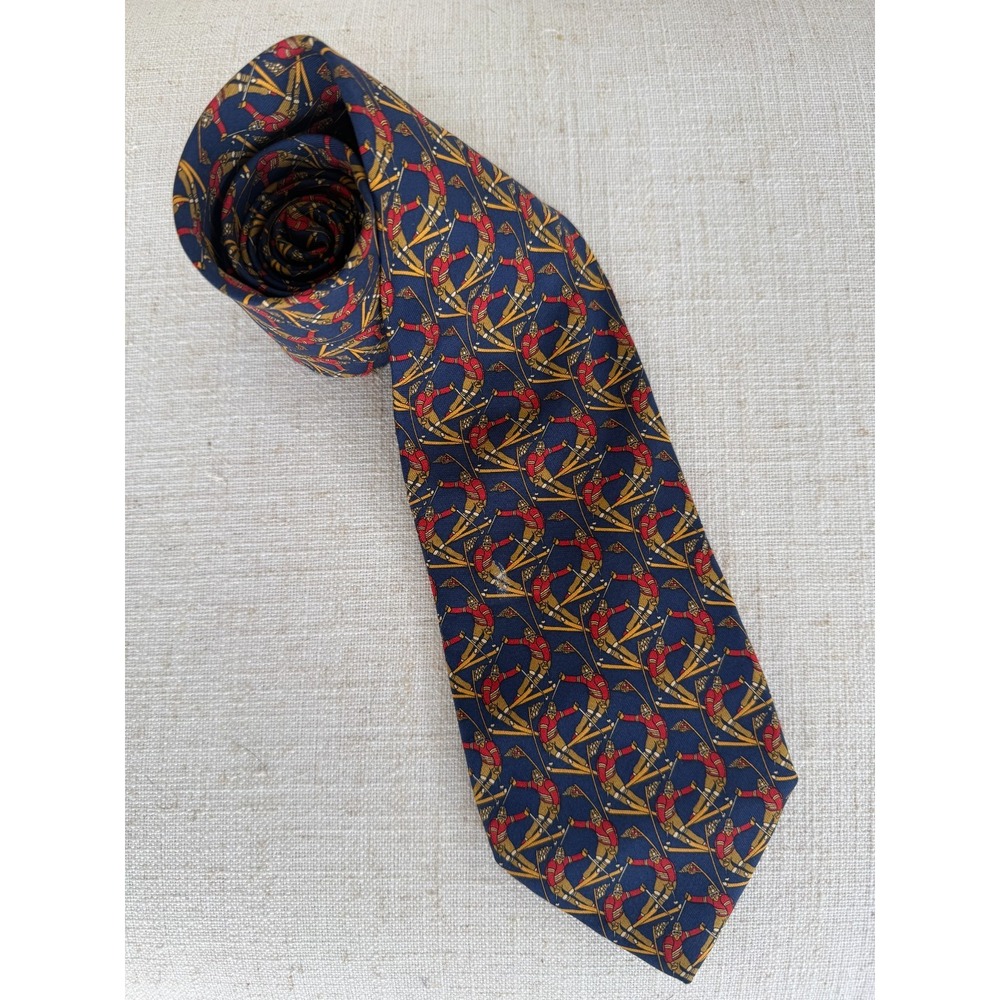 Salvatore Ferragamo Mens Silk Tie Navy Blue Whimsical Snow Skier Made in Italy